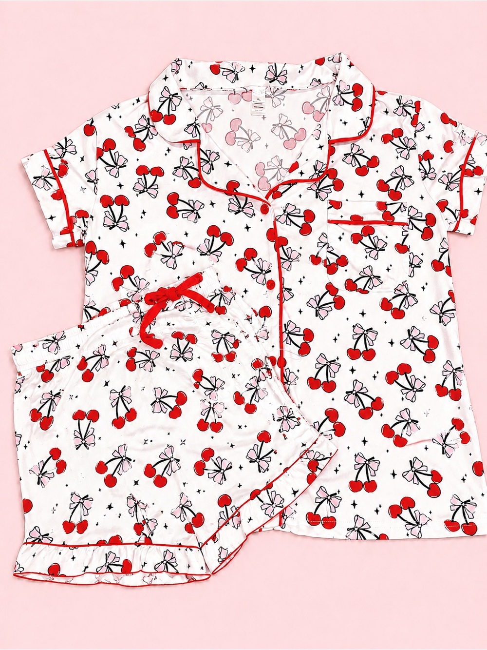 Women’s White and Red Cherry Print Short Pajama Set